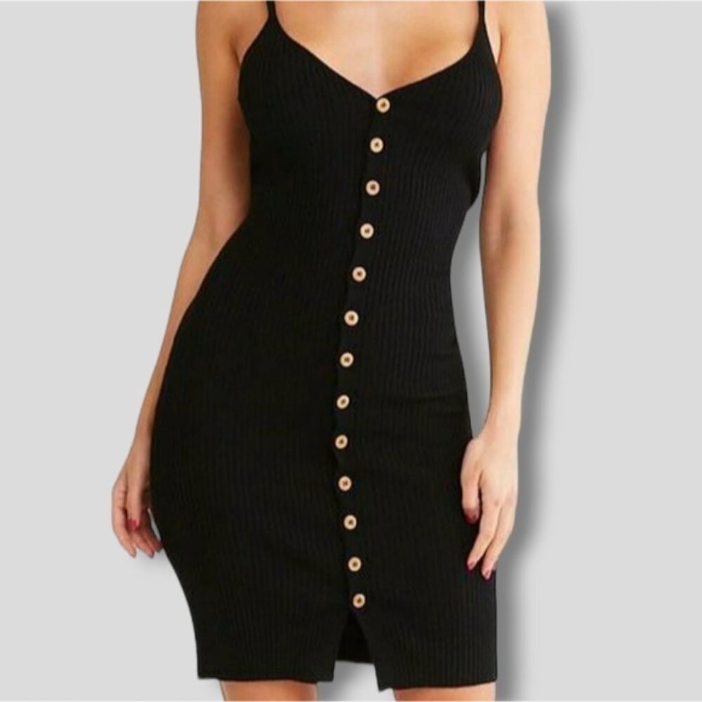 Button Down Cami V neck Ribbed Dress- S